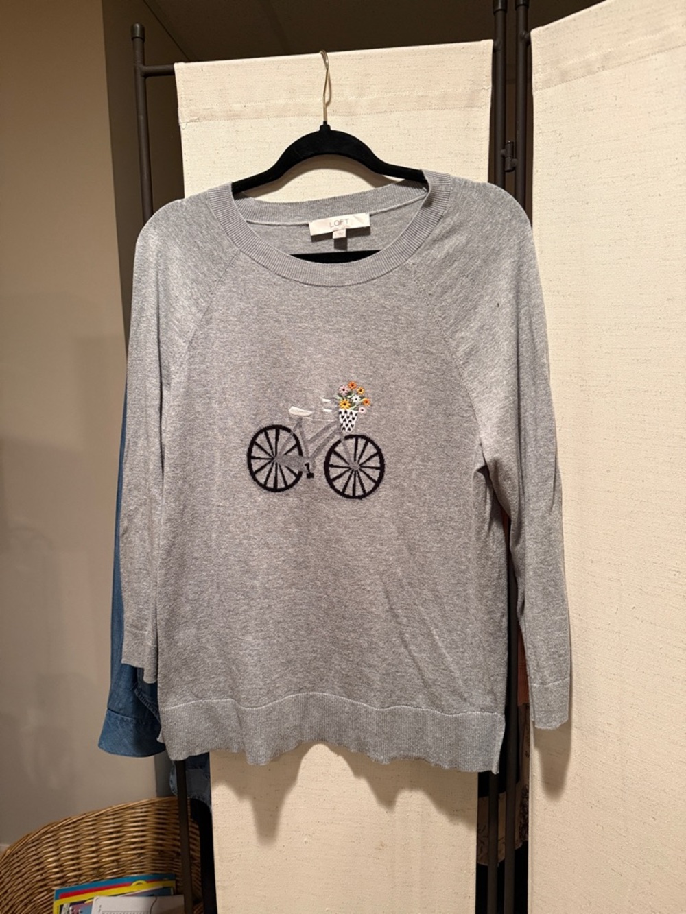 LOFT Light Gray Crewneck Sweater with Bicycle Embroidery